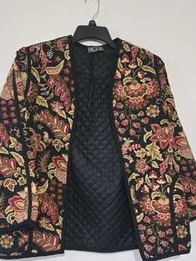 ACT III Women's Black Quilted Jacket with Red & Gold Floral Embroidery